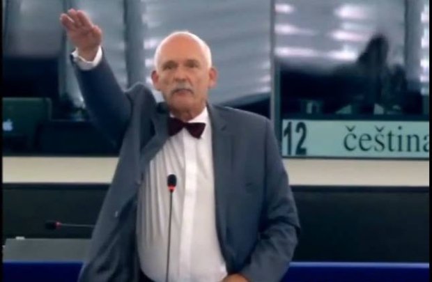 Janusz Korwin-Mikke pokazuje gest HEIL HITLER w europarlamencie.Prawda o EIN TICKET (jeden bilet)